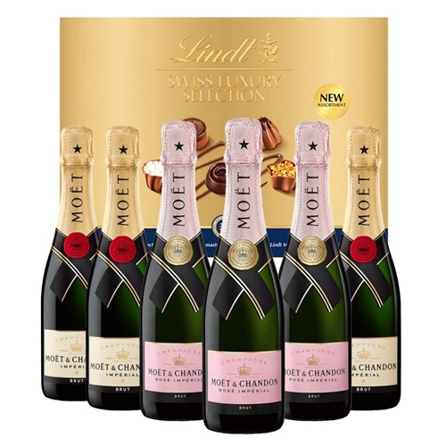 Moet & Chandon Mixed Brut & Rose Champagne 37.5cl Case of 6 with Lindt Swiss Tradition Chocolates 193g